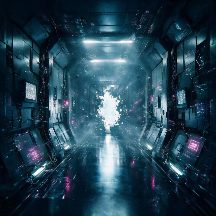 Protocol — corredor cyberpunk hacia una luz que se fragmenta